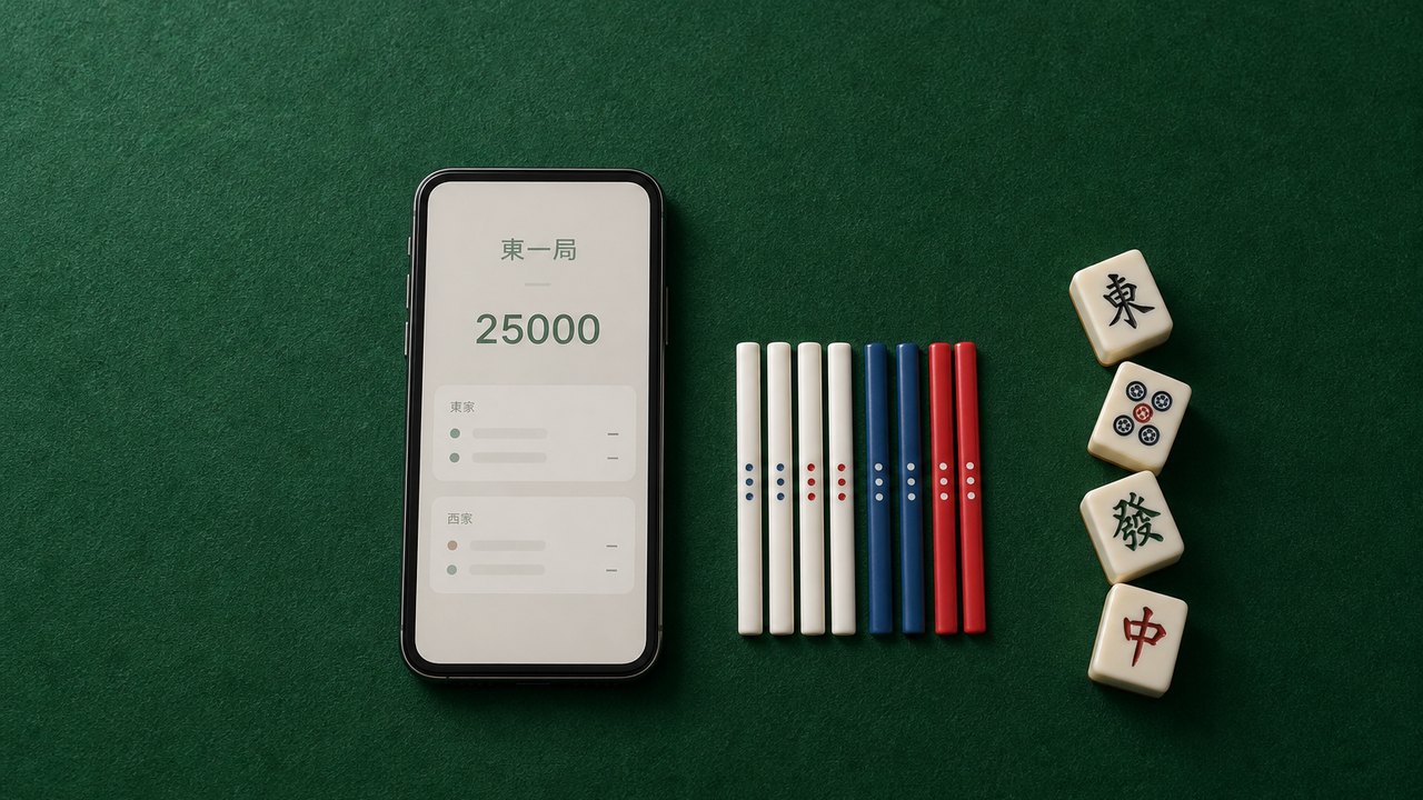 緑のラシャの上に置かれたスマートフォンと点棒・麻雀牌