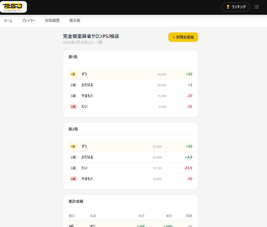 対局履歴画面：局ごとの着順・点数・ポイントと累計成績
