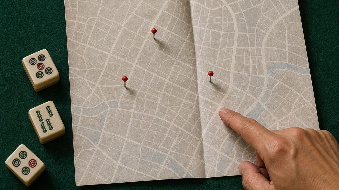 緑のラシャの上に広げた街の地図と、赤い地図ピン・麻雀牌